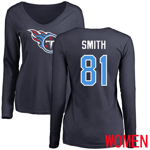 Tennessee Titans Navy Blue Women Jonnu Smith Name and Number Logo NFL Football 81 Long Sleeve T Shirt